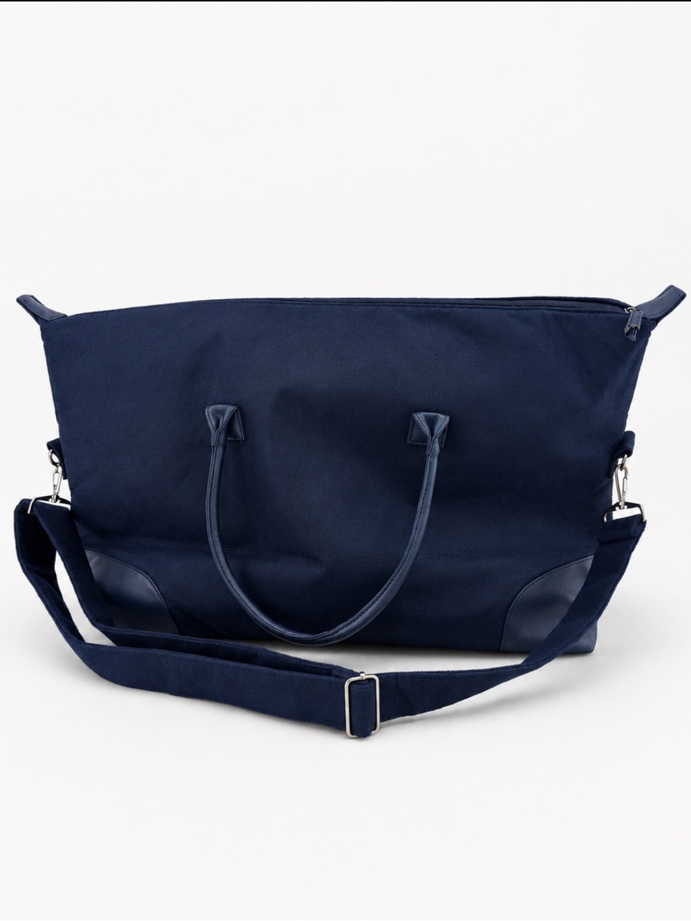 DSW Navy Blue Felt Duffle Bag Large Adjustable Strap Zippered Pocket Unisex